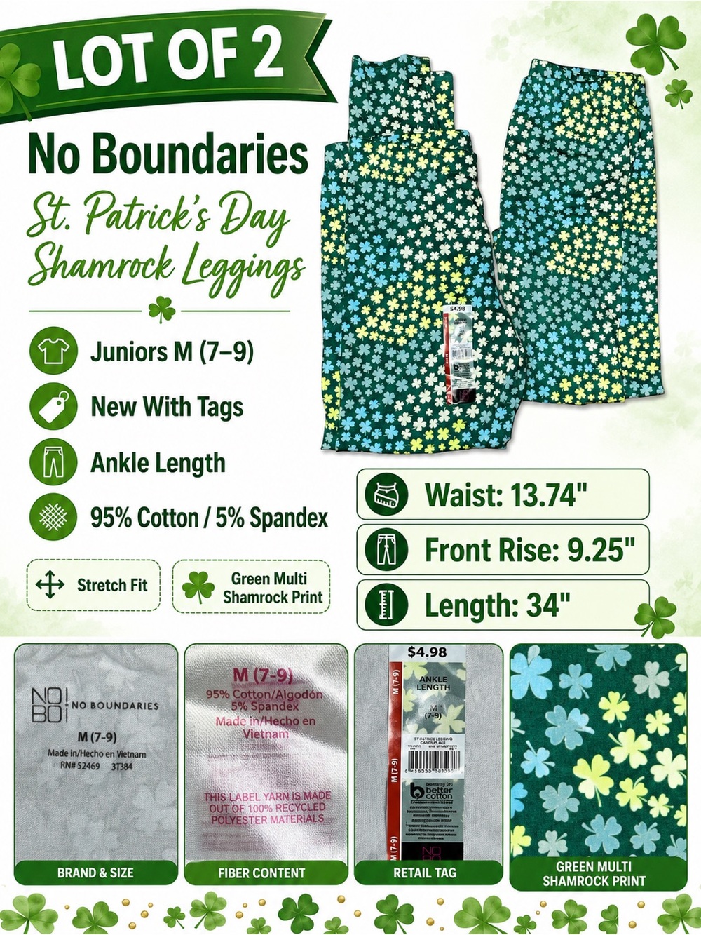 No Boundaries St Patrick’s Day Shamrock Leggings Juniors M 7-9 Green LOT Of 2 - Picture 2 of 15